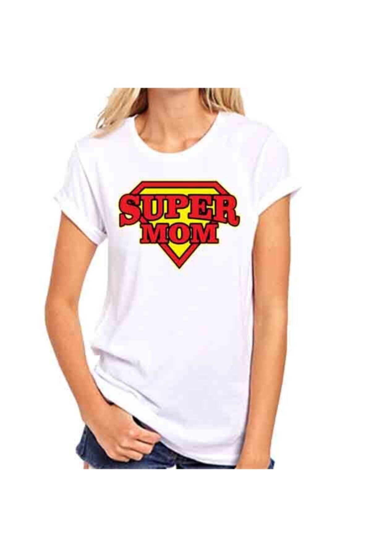 Kadın%20Beyaz%20Super%20Mom%20Baskılı%20T-Shirt